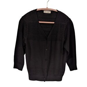 Grace Karin Black Pointelle Knit V-Neck Cardigan 3/4 Sleeve Viscose Blend Size M